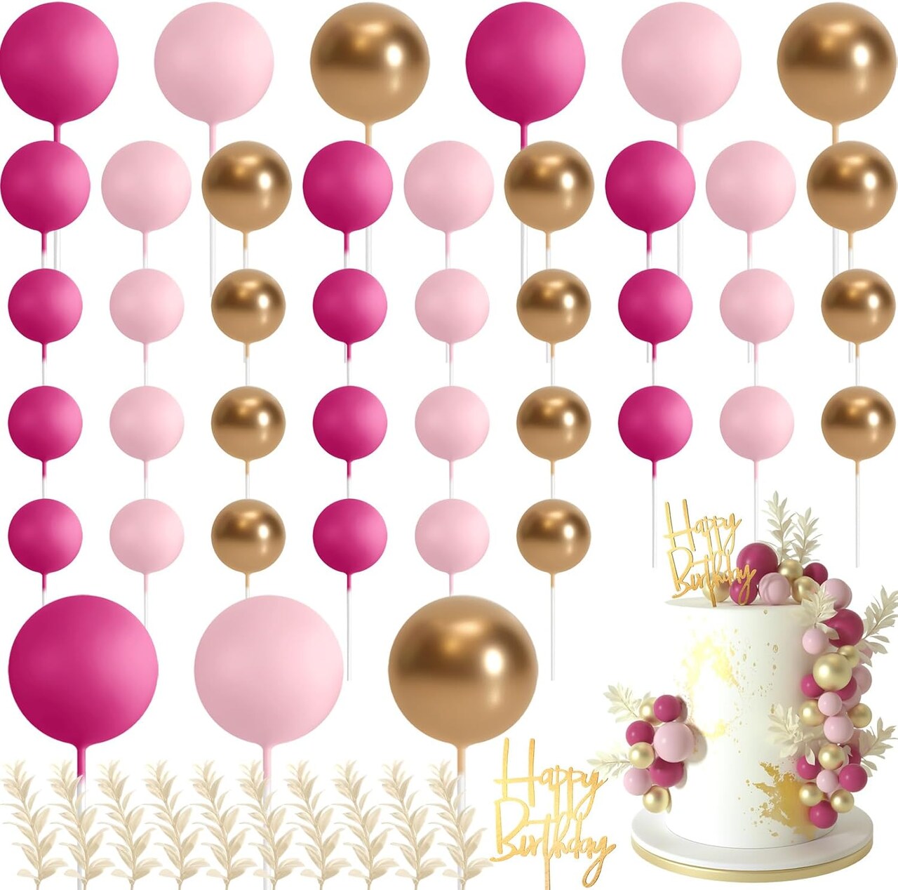 Boho Ball Cake Toppers – Pink, Gold & Light Pink for Birthday, Wedding & Baby Shower
